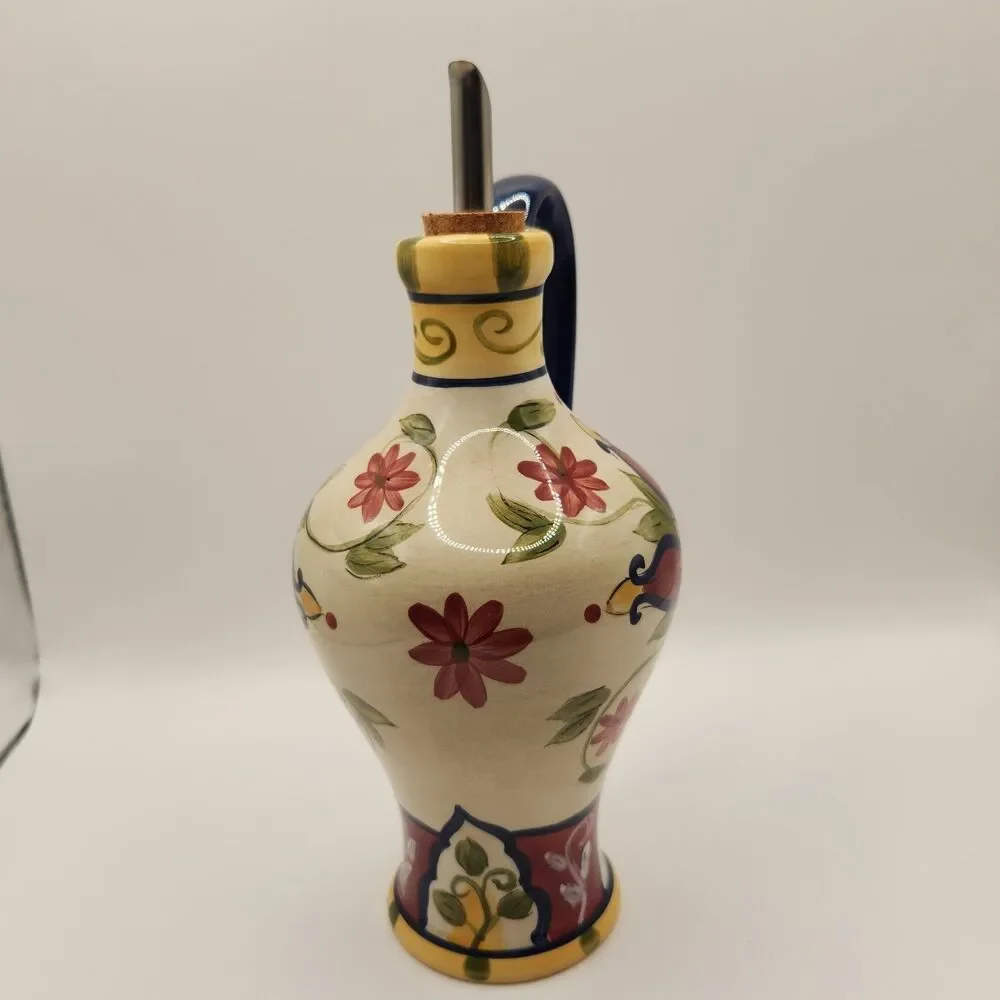 Pier 1 Oil Jar & Drizzle Spout Hand Painted Earthenware